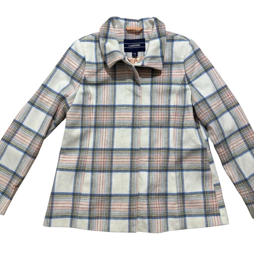 Lands End Jacket Women's 10 Tall Plaid Cream Pink Wool Blend Coat Button NWOT